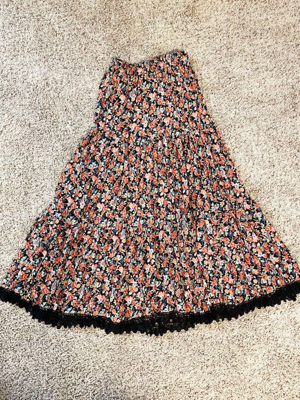 Vintage Floral Midi Skirt Black Rose Print Lace Trim High Waist Dark Cottagecore